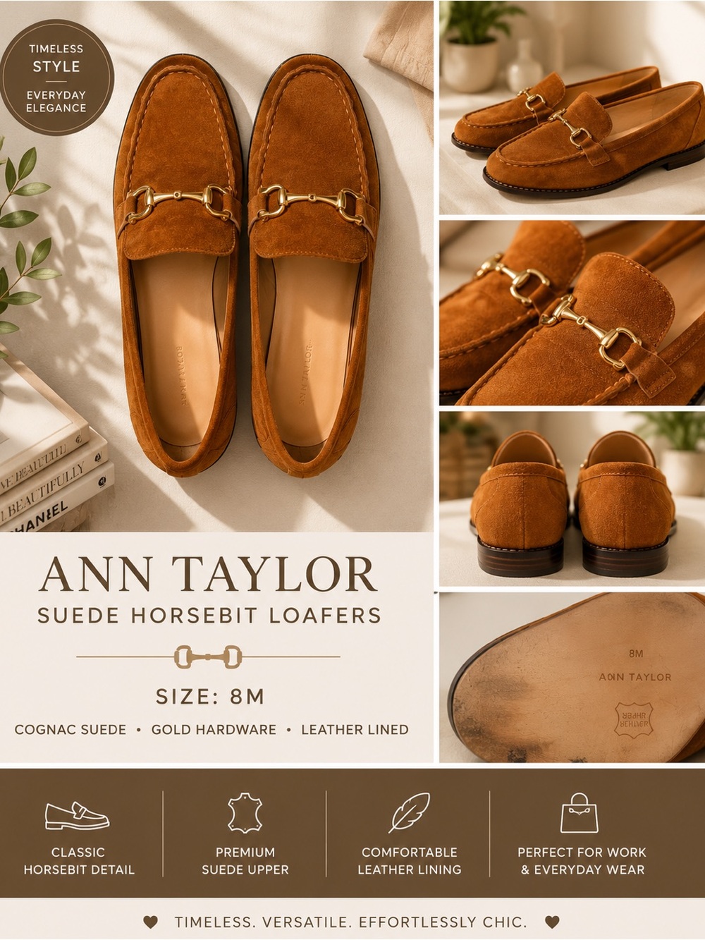 Ann Taylor Cognac Suede Horsebit Loafers - Gold Hardware